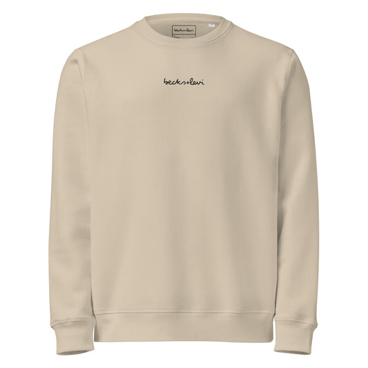 light tan sweatshirt with lack logo